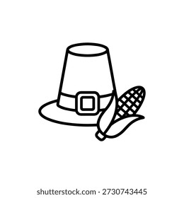 Minimalist Outline Pilgrim Hat and Corn Symbol for Thanksgiving Day Celebration Icon