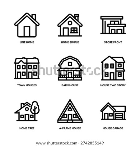 Minimalist Outline Residence Icon Set with Different House Style and Design
