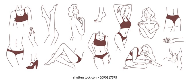 Minimalist outline set of abstract female body, line art. Posing girl showing slim waist and shoulders, legs and elegant wrist hand. Character wearing bra and panties, model in shoes on heel vector