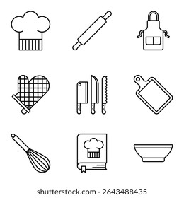 Minimalist outline set of culinary tools and accessories. vector illustration