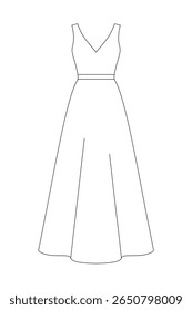 Delineamento minimalista de um vestido longo sem mangas com um V-pescoço e saia queimada. Ideal para modelos de design de moda, padrões de costura, costureira ou visuais de marca de vestuário.