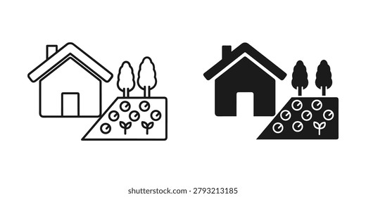 Minimalist outline and solid icons of a dwelling beside cultivated plots and arboreal elements. Useful for agricultural or real estate concepts.