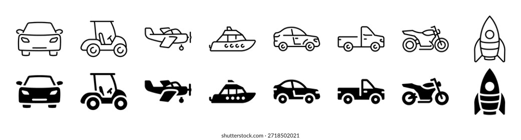 Minimalist outline and solid icons of various vehicles and transport modes