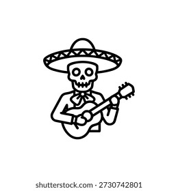 Minimalist Outline Style Skeleton Playing Guitar with Sombrero Illustration