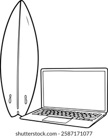 Minimalist Outline of Surfboard Next to Laptop Icon