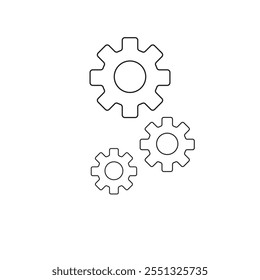 Minimalist outline of three interlocking gears, symbolizing settings or process optimization on a white background