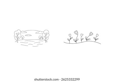 Minimalist Outline Vector Art Depicting Scenery Of Natural Landscapes With Flowers