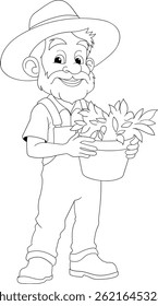 Minimalist outline vector art of an elderly farmer holding a basket full of fresh harvested vegetables.