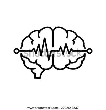 A minimalist outline vector graphic of a human brain with a brainwave pattern.