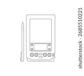 Minimalist outline vector icon of a 1990s personal digital assistant PDA device with stylus, symbolizing vintage mobile technology and organization tools.