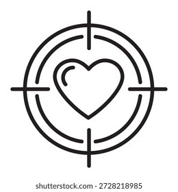 Minimalist outline vector icon of a heart inside a target. Concept for finding love, romantic success, or hitting the target of passion. Clean black line art isolated on white.