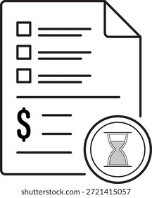 Minimalistisches Umriss-Vektorsymbol eines Rechnungsdokuments mit Sanduhr-Symbol, das den Status der ausstehenden Abrechnung oder der wartenden Zahlung darstellt, sauberes Monoline-Design, schwarz-weiß, professionelles UI-UX-Symbol.
