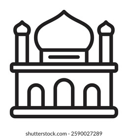 Minimalist outline vector icon of a mosque, perfect for Eid Mubarak, Idul Fitri, Ramadan, Islamic celebrations, greeting cards, posters, and digital designs. Clean and modern line art style.