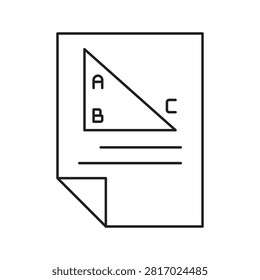 Minimalist outline vector icon of a paper document featuring a right triangle with ABC points, symbolizing geometry assignments and mathematics education.