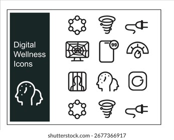 Conjunto minimalista de ícones vetoriais com foco no bem-estar digital, no equilíbrio da saúde mental e no uso consciente da tecnologia. Perfeito para projetos de conscientização, aplicativos, design de estilo de vida e hábitos tecnológicos saudáveis.