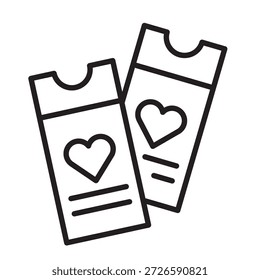 Minimalist outline vector icon of two tickets with hearts. Concept for romantic date, cinema invitation, or Valentine Day gift. Editable stroke isolated on white background.