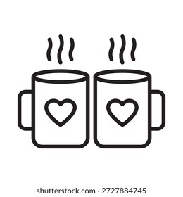 Ícone vetor de contorno minimalista de duas canecas fumegantes com corações. Conceito para café da manhã romântico, data aconchegante, ou bebida do Dia dos Namorados. Traço editável isolado no branco.