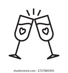 Icono de Vector de contorno minimalista de dos copas de champán tintineando con corazones. Concepto para un brindis romántico, una boda o una cita de San Valentín. Trazo editable aislado en blanco.