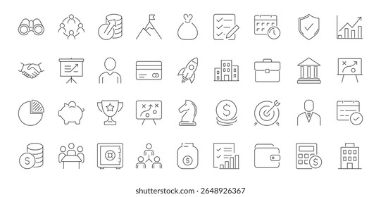 Minimalist outline vector icons set related to business, finance, and corporate strategy. Vector llustration.