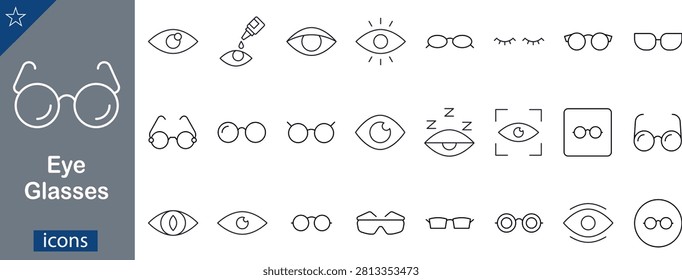 Minimalist outline vector icons set featuring a wide variety of glasses, vision care, optometry tools, and health symbols. This clean, dark gray and white professional graphic sheet displays a comprehensive collection of modern linear symbols perfect for ophthalmology clinics, eyewear brands, and digital interface menus. The grid showcases various medical and optical designs—including round spectacles, modern thick-frame glasses, reading lenses, protective safety goggles, closed eyelashes, sleeping with 