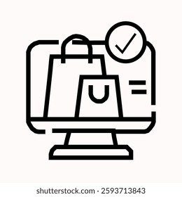 Minimalist outline vector illustration of an e-commerce shopping bag inside a laptop. Perfect for online store, e-commerce, digital marketplace, shopping app, web store, and retail business concepts. 