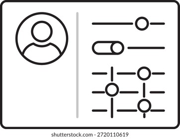 Ilustración vectorial de contorno minimalista que representa una interfaz de Configuraciones de Cuenta de usuario y configuración con avatar de perfil, deslizadores, alternancias y Elementos de control, adecuada para el diseño de interfaz de usuario, paneles SaaS, preferencias del sistema y pantallas de Configuraciones de aplicaciones.