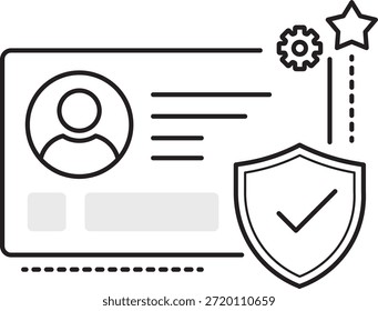 Ilustración vectorial de contorno minimalista que representa una Cuenta de usuario segura y una interfaz de verificación de confianza con tarjeta de perfil protegida, escudo de seguridad, control del sistema y Elementos de Estado de confianza, adecuados para paneles SaaS, sistemas de interfaz de usuario y aplicaciones de ciberseguridad.