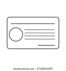 Minimalistische Konturvektorgrafik einer einzelnen Identitätskarte mit Foto-Platzhalter und Textzeilen, die die Konzepte für die persönliche Identifikation, Mitgliedschaft und den Sicherheitszugriff darstellen