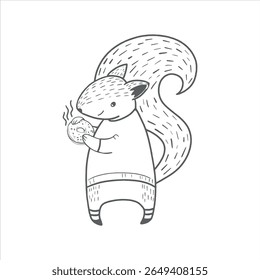 Minimalist outline vector illustration of a squirrel holding a bagel. Perfect for logo design, branding, bakery or coffee shop identity, children’s products, organic food packaging, and more.
