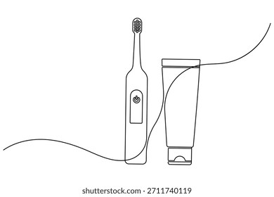 Ilustração vetorial de contorno minimalista de várias escovas de dentes e tubos de pasta de dente.
