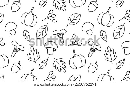 Minimalist outline vector pattern of autumn elements: leaves, pumpkins, mushrooms, and acorns. Ideal for textile prints, coloring pages, digital backgrounds, branding, and subtle seasonal decor.