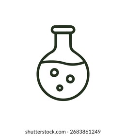 Minimalist outline vector of a round-bottom flask containing bubbling liquid. Represents chemistry, lab experiments, scientific research, and reactions. Perfect for educational.