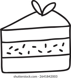 A minimalist, outlined drawing of a cake slice with sprinkles, topped with a decorative bow, isolated on a white background.