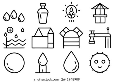 Minimalist outlined icons representing water resources water cycle and environmental protection concepts
