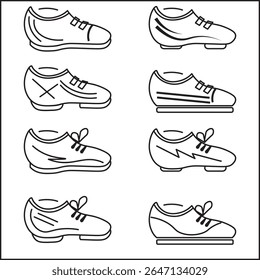 Minimalist outlined shoe icons set with varied athletic designs. Perfect for UI elements, footwear branding, sportswear apps, ecommerce, fashion layouts, and editable vector illustrations.