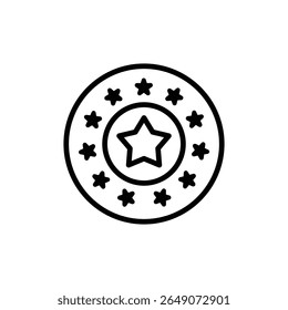 Emblema estelar delineado minimalista, rodeado por estrelas menores dentro de um círculo, fica sobre um fundo branco, criando um ideal gráfico limpo e arrojado para prêmios e projetos de design.