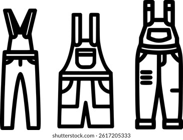 Minimalist Overalls Vector Set – Line Art Dungarees, Workwear, Shorts , Pants Designs for Fashion, Clothing Icons, Industrial Style, UI Elements, Printable Outfits and Apparel Design