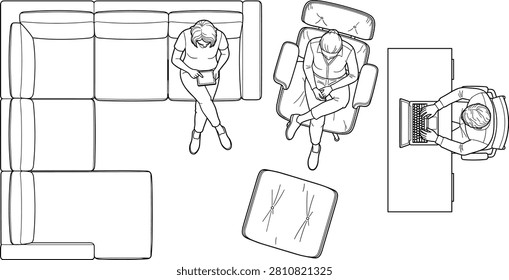 Minimalist overhead illustrations of people sitting on a sofa and working at a desk in a clean line art style. Perfect for architectural floor plans, interior design visualizations, and space planning layouts.