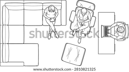 Minimalist overhead illustrations of people sitting on a sofa and working at a desk in a clean line art style. Perfect for architectural floor plans, interior design visualizations, and space planning layouts.