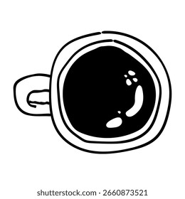 Uma vista minimalista de uma xícara de café cheia de líquido escuro, criando um contraste visualmente atraente em um estilo de arte de linha simplificado.