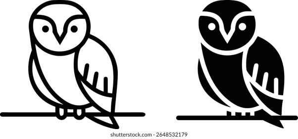 Ícones minimalistas do logotipo da arte da linha da coruja - ilustração do projeto do pássaro do vetor preto e branco