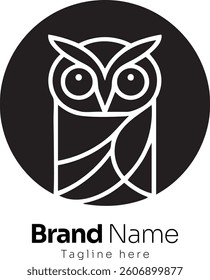 Minimalist owl logo with geometric line art design in black and white, featuring a stylized owl inside a circular background, minimal and modern logo vector illustration