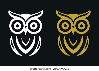 Minimalist owl vector set featuring black and gold designs. Includes modern, bold line art ideal for logos, branding, and digital projects. High-quality graphics with clean, symmetrical shapes.