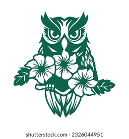 Minimalist owl with wildflower vector template. Wisdom owl logo design concept.