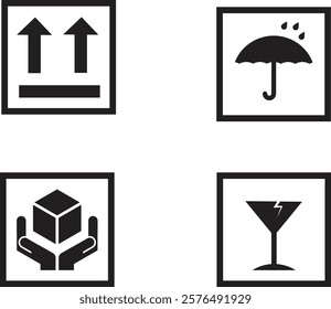 Minimalist packaging and shipment instruction symbols.Includes four icons: This Side Up, Keep Dry, Handle with Care, and Fragile. Perfect for use in packaging design to ensure safe handling transport 