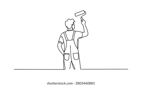 minimalist painter with paint roller line art vector illustration isolated on white background representing home renovation wall painting decorating construction and maintenance