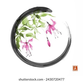 Minimalist painting of pink fuchsia flowers in black enso zen circle. Traditional oriental ink painting sumi-e, u-sin, go-hua. Hieroglyph - beauty.