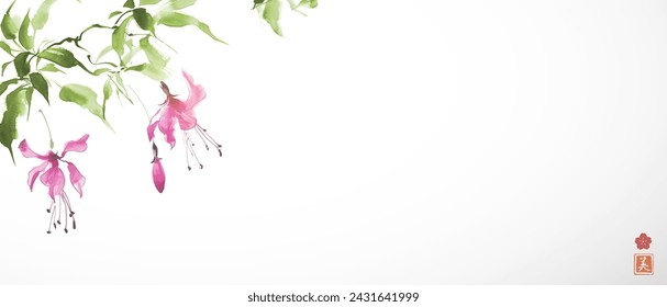 Minimalist painting of pink fuchsia flowers on white background. Traditional oriental ink painting sumi-e, u-sin, go-hua. Hieroglyph - beauty