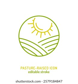 Minimalist paisture-raised outline icon. Grass-Fed pictogram. Controlled farming. Eco-product. Editable stroke. Vector illustration isolated on white background. Suitable for labels, packaging design