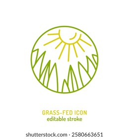 Minimalist paisture-raised outline icon. Grass-Fed pictogram. Controlled farming. Eco-product. Editable stroke. Vector illustration isolated on white background. Suitable for labels, packaging design